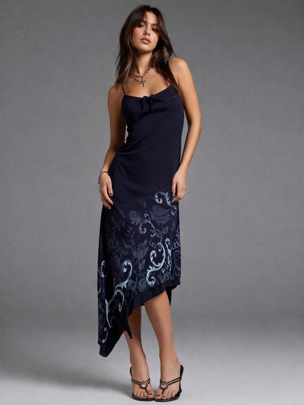 lei Navy Asymmetrical Slip Dress S Scroll Logo Motif y2k fairy 90s